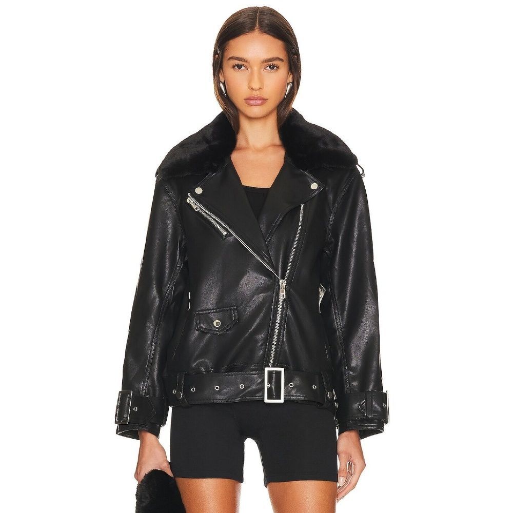 Line & Dot Revolve Leather Jacket XS Moto Fur Collar Zipper Edgy Biker Black